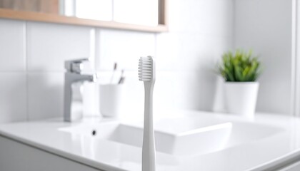 A close-up of a white toothbrush centered in front of a bathroom sink and mirror. The focus is on the brush
