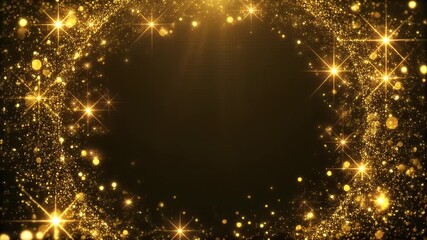 A swirling vortex of glowing golden glitter and sparkling stars forming a circular frame on a dark background. - Powered by Adobe