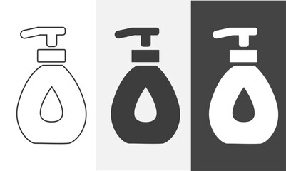 Shower gel icon in outline and solid style with black and white color. Pump bottle icon. Soap dispenser icon. Bathroom icon element.