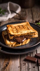 Chocolate sandwich on dark plate atop aged wooden table with cloth and dark chocolate pieces