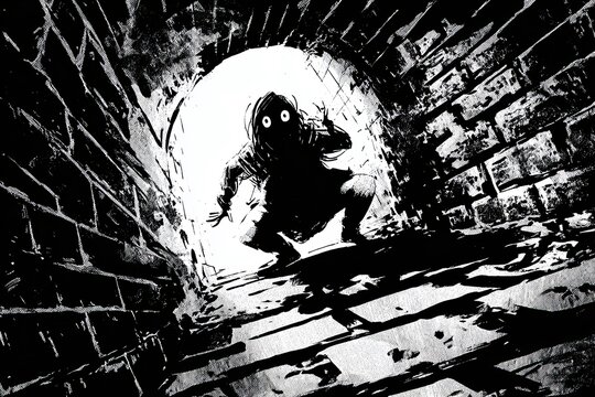 Crisp Neo-Pop Illustration, A lone figure n a shadowy alley, high-contrast