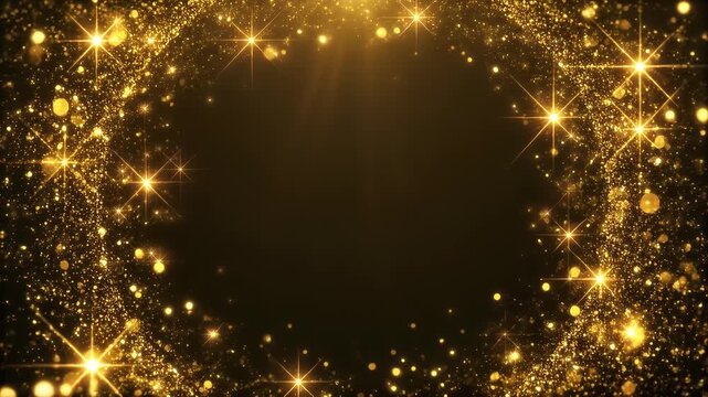A swirling vortex of glowing golden glitter and sparkling stars forming a circular frame on a dark background.
