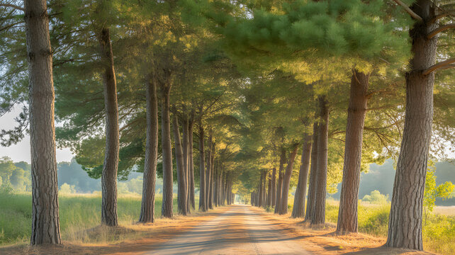 Sunlit forest path lined with tall pine trees