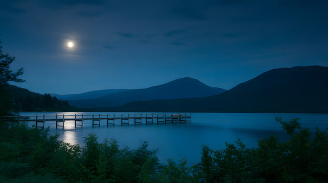 Moonlit lake and mountains with wooden dock
