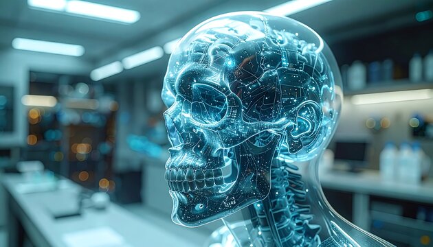 Glowing translucent anatomical head, with internal circuitry in a lab