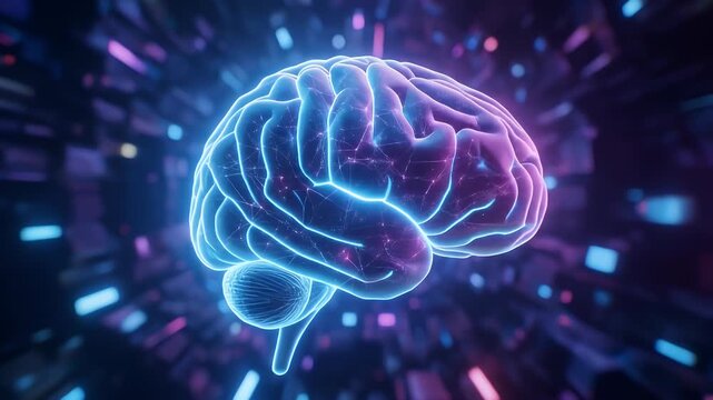 A glowing digital brain floats at the center of a futuristic, high-tech cybernetic tunnel, symbolizing artificial intelligence. - Powered by Adobe