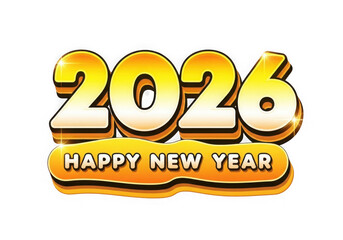 Golden 2026 happy new year text design with shiny highlights for festive celebrations and greeting cards isolated on transparent background