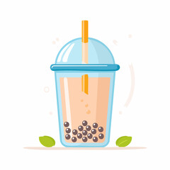 Cartoon Illustration of Boba Tea Drink with Straw.