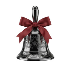 Silver bell decorated with red bow on transparent background