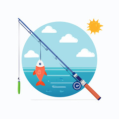 Cartoon Illustration of Fishing Rod with Caught Fish.