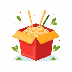 Cartoon Illustration of Noodles in a Takeout Box.