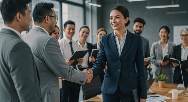 Group of business people exchanging handshakes in office setting, suitable for business communications, partnerships, teamwork concepts in corporate presentations.