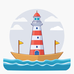 Cartoon Lighthouse on a Boat with Flags in the Ocean.
