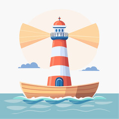 Cartoon Lighthouse on Boat with Light Beams and Clouds Illustration.