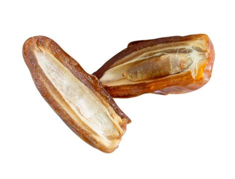 Ripe dried date palm fruits in two halves in stack isolated with clipping path in png file format Concept of iftar food in Ramadan month for Muslims