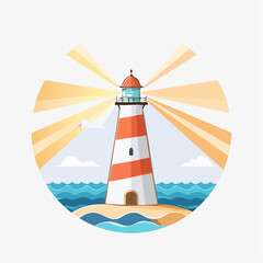 Cartoon Lighthouse with Red and White Stripes Shining Light.