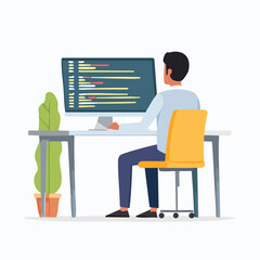 Cartoon Man Coding at Desk with Computer Plant and Yellow Chair.