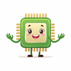 Cartoon Microchip Character with Smiling Face and Raised Hands.