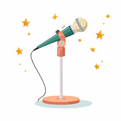 Cartoon Microphone on Stand with Cable and Stars.
