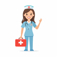 Cartoon Nurse with First Aid Kit Waving Hello.