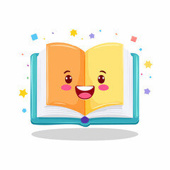 Cartoon Open Book with Smiling Face and Colorful Stars Illustration.