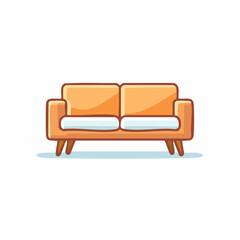Cartoon Orange Sofa with Blue Cushions and Wooden Legs.