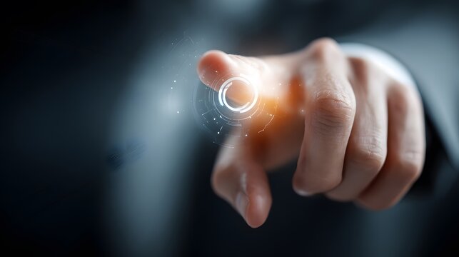 A of a human hand pointing a finger towards a glowing, futuristic digital interface, featuring a circular design and emanating light, suggesting technology and interaction, creating a modern and...