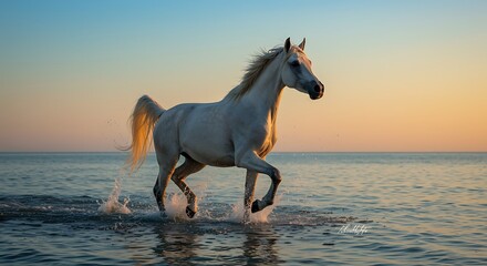 White Horse Running in Water at Sunset