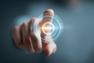 Hand touching a bright glowing circle with a futuristic technological interface, the fingertips approach an interactive digital display, showcasing innovative technology and modern digital concepts