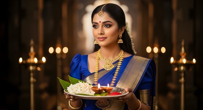 Serene Sri Lankan Woman in a Traditional Saree at a Hindu Temple