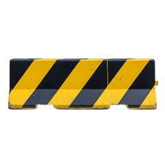 Close-up of a road safety barricade with diagonal black and yellow stripes. The barrier looks weathered, suggesting prolonged outdoor use