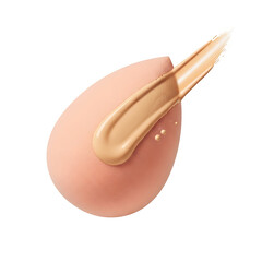 Close-up of makeup application. A teardrop-shaped sponge has a smear of beige liquid foundation on its surface, plus a few isolated droplets