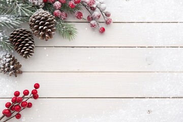 Festive winter themed background with white wooden surface decorated with Christmas pinecones