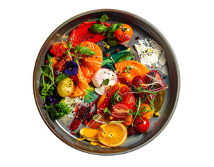 Colorful close-up of a meticulously arranged dish on a grey plate with a variety of fresh ingredients