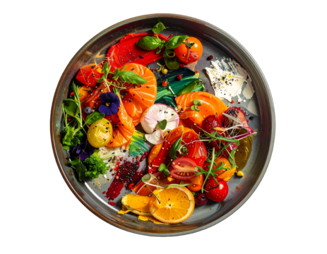 Colorful close-up of a meticulously arranged dish on a grey plate with a variety of fresh ingredients