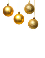Four golden holiday ornaments hang against a black background. Two appear smooth, and two have a textured, glittery finish
