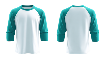 Front and back view of a white tee shirt with teal-colored raglan sleeves