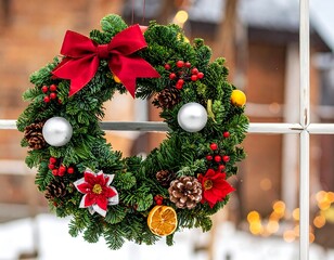 Christmas wreath hangs on a window, adorned with red bow and ornaments