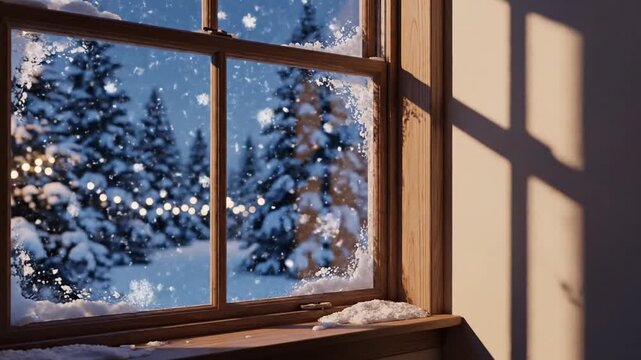 Cozy Winter Scene Through a Wooden Window Frame with Snowy Trees and Lights Outside, Warm Interior Lighting, Soft Shadows on the Wall, Serene Atmosphere