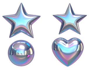 Four iridescent-silver shapes are displayed on a black background a star, a sphere, a star, and a heart. They reflect light