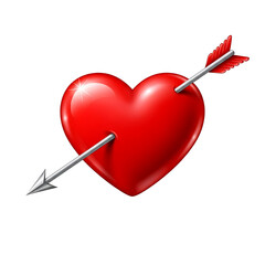 Glossy red heart pierced by a metallic arrow against a stark black background. The heart has highlights giving a polished, 3D effect