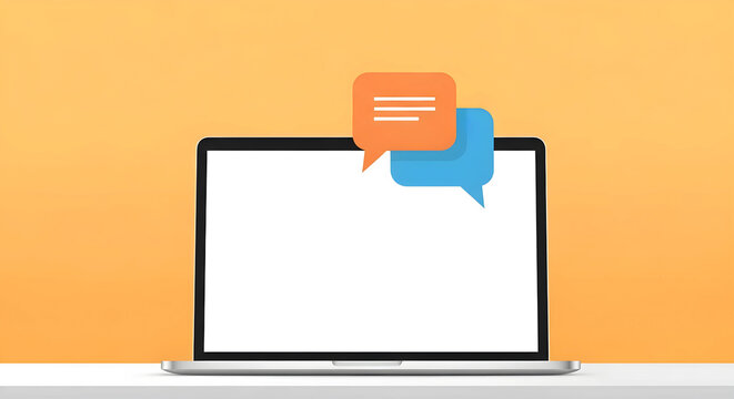 オンラインコミュニケーション: ノートパソコン上のチャットアイコンのフラットデザイン