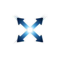 Graphic with four arrows pointing outward, forming an "X" shape over a bright central sphere. Blue hues and a dark background