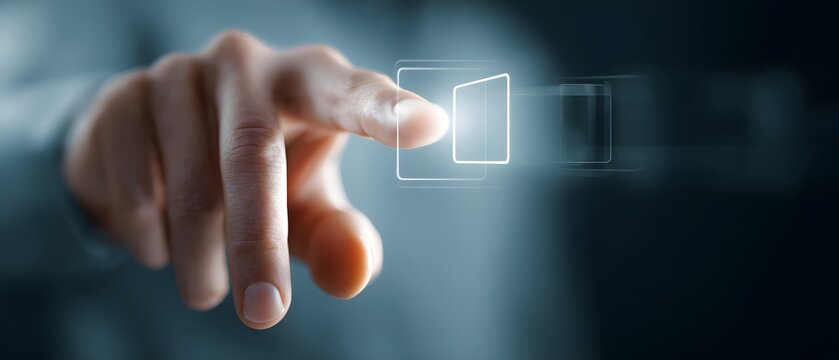 Human finger approaching a glowing square interface, appearing to interact with a digital button or control, creating a futuristic and technological feel with light and shadow interplay. - Powered by Adobe