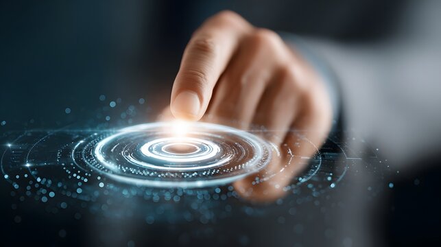 Digitally generated image depicts a hand reaching out to touch a futuristic, glowing circular interface with concentric rings, symbolizing technology, innovation, and data visualization against a...