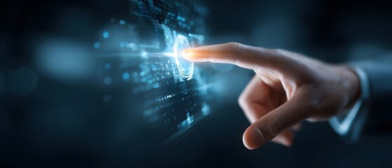 Human finger activating illuminated circle, showcasing technology concept within a futuristic blue interface, highlighting innovation, data processing, digital transformation, with an atmosphere of...