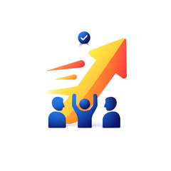 Illustration showing a team celebrating success, an upward arrow symbolizing growth with a checkmark