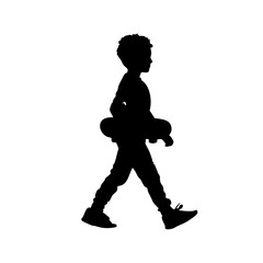 Silhouette of a young boy walking right, holding a skateboard, against a stark white background, creating a simple, graphic, and contemplative mood.
