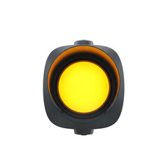 Overhead perspective of a glowing yellow traffic light against a stark black backdrop. The housing is dark gray