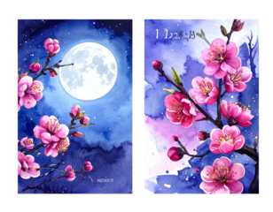  Moonlit Spring Floral Scene Variations, isolated on transparent background